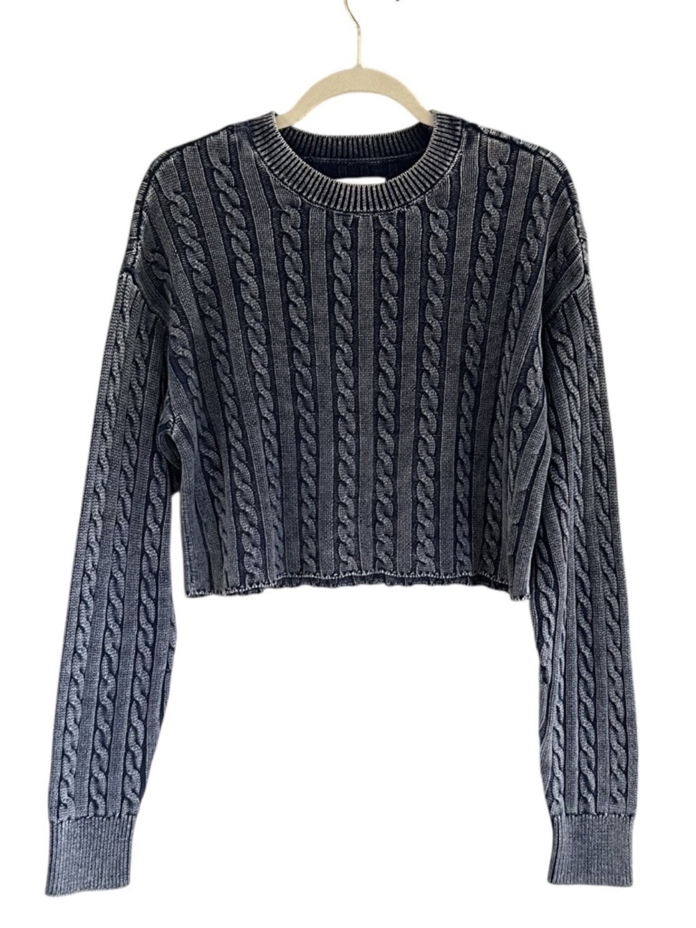 AERIE MINI CABLE KNIT CROPPED SWEATER NAVY BLUE MEDIUM NWT